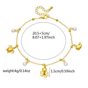Ocean Animal Charm Anklet Gold Plated Stainless Steel Turtle Octopus Whale Pendant Imitation Pearl Tiny Bead Ankle Chain Women - Product Image 5