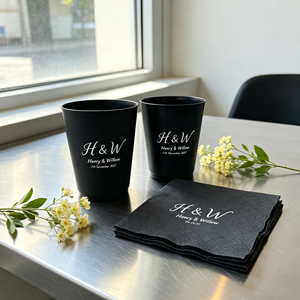 Gobelets personnalisés jetables en plastique PP dépoli 9oz 12oz 16oz noirs avec monogramme et serviette pour événements, fêtes, camping et mariages - Product Image 1