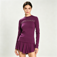 Tenues de patinage artistique pour femmes, tenues de patinage artistique violet foncé extensibles pour l'entraînement et la compétition, vêtements de patinage classiques à manches longues avec cristaux