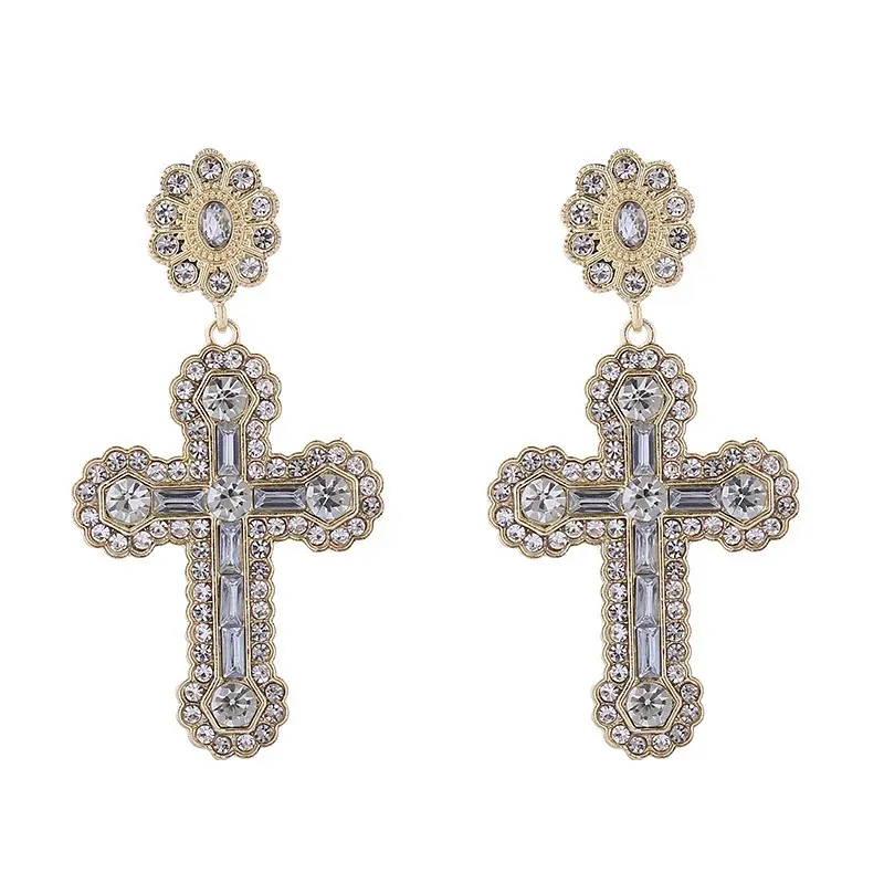 europe newest retro palace gemstone setting cross fashion earrings vintage alloy woman's party shinny decoration