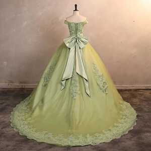 Off Shoulder Light Green Evening Gown Empire Waist Floral Lace Long Dress For Formal Events - Product Image 2