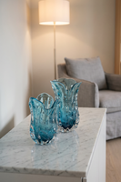 Vase à tulipes GENSENT soufflé à la main, bleu aqua, avec veines en relief et bord ondulé, pièce maîtresse exquise pour la décoration d'hôtel