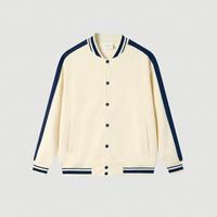 Veste de baseball vintage pour homme et femme, couleur crème marine, col rayé, coupe ample, veste décontractée de style universitaire