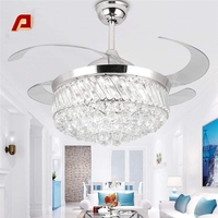 Lampu Chandelier LED Kristal 42 Inci dengan Kipas Angin Plafon Tak Terlihat, 5 Bilah, Motor DC, Remote Control, Desain Plastik Modern