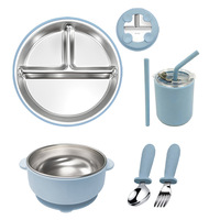Ensemble de vaisselle pour bébé en acier inoxydable 304 et silicone, comprenant un bol à ventouse, une assiette compartimentée, une tasse, une cuillère et une fourchette pour tout-petits