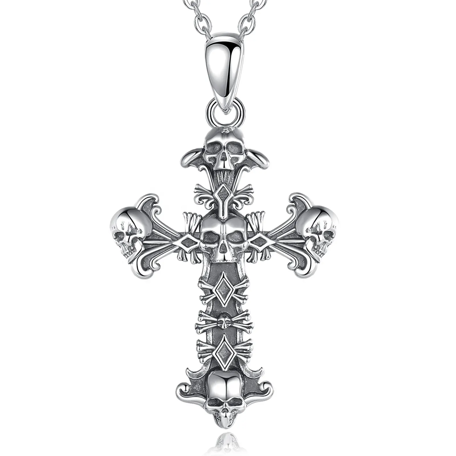 Merryshine S925 Sterling Silver Punk Ghotic Skull Cross Pendant Necklaces for Men and Women