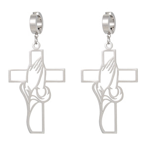 Cross Pendant <b>Earrings</b> Stainless Steel 18K <b>Gold</b> Plated Hollow Geometric Design For Women Fashion <b>Clip</b> <b>On</b> <b>Earrings</b> - Product Image 3