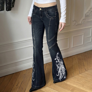 Jean en denim évasé taille basse respirant style Y2K vintage, imprimé floral foncé contrastant, streetwear - Product Image 1