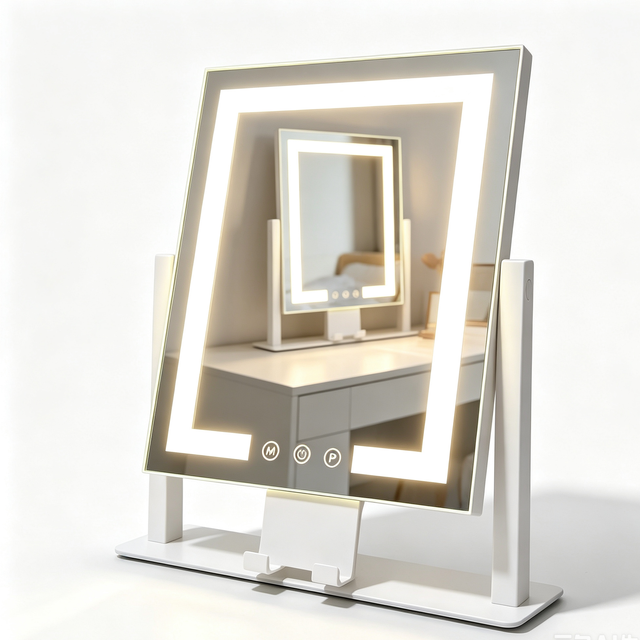 LED Lighted Glass Vanity Makeup Mirror Adjustable 3 Color Dimmable Lights Smart Touch Control 360 Rotatable for Bedroom