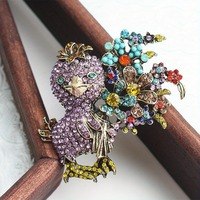 Broche corsage vintage colorée en forme de poussin de dessin animé ornée de diamants