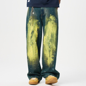 Jeans Retro para <span class=keywords><strong>Hombre</strong></span> Otoño Invierno 2026 |   Pantalones Americanos <span class=keywords><strong>de</strong></span> Corte Holgado, Color Amarillo Lodo, Pierna Recta, Lavados, <span class=keywords><strong>con</strong></span> Efecto <span class=keywords><strong>de</strong></span> Tinta Salpicada, Jeans <span class=keywords><strong>de</strong></span> Mezclilla - Product Image 1