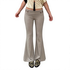 Women's Low Rise Flared Pants Elastic Waist Floral Waistband Stretch Knit Full Length <b>Trousers</b> for <b>Summer</b> - Product Image 4