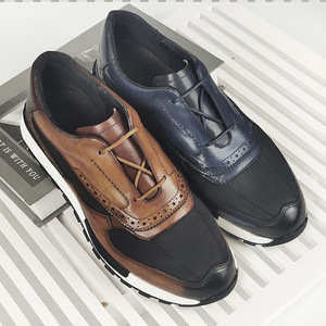 Men's Genuine Leather Walking Shoes <b>Round</b> Toe Low Heel <b>Cushioned</b> Rubber Outsole Mixed Colors Patchwork Design - Product Image 4