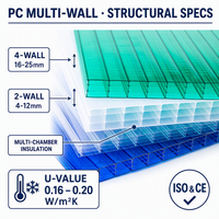 Plaque de polycarbonate alvéolée transparente légère de 16 mm avec revêtement UV de 50-100 micromètres pour serres commerciales et serres à charpente.