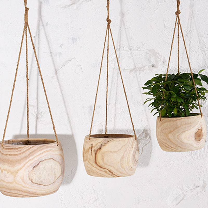 Wood Flower Hanging Plant Pot Outdoor Nature Handmade Wooden Planter Garden Pots Decorative For Home