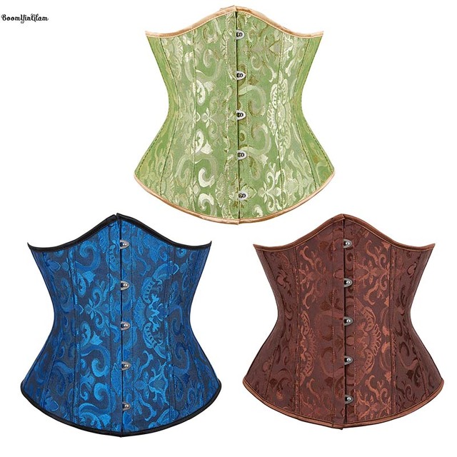 Green Blue Brown Front Busk Brocade Waist Training Corsets 14 Fishbone Women's Lace Boned Underbust Corset Tops Plus Size