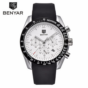 Reloj de Cuarzo Cronógrafo para Hombre Benyar, Esfera de Cristal de Zafiro, Esfera Azul, Correa de Cuero Negra, Resistente al Agua 30M, Acero Inoxidable - Product Image 4
