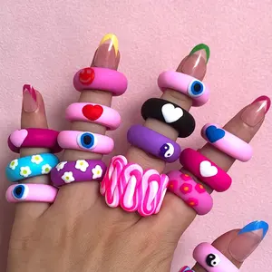 Fashion cute colorful twist flower smile yin yang clay rings evil eye Jewelry Wholesale rainbow heart polymer clay rings