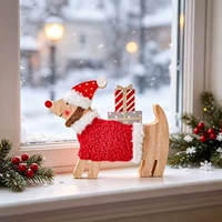 Figurine de chien teckel en bois faite à la main, rustique, avec chapeau de Père Noël, décoration de Noël, ornement de table, 21 cm