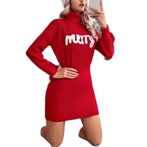 Abito da donna in <span class=keywords><strong>maglia</strong></span> rossa invernale a-line semplice maglione Casual a collo alto abito corto traspirante sottile - Product Image 5