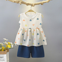 Ensemble T-shirt à manches courtes et short imprimé cœur style coréen pour filles, tenue d'été fine, vêtements pour tout-petits et enfants, vente en gros