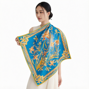 Elegante Pañuelo Cuadrado de Seda 100% para Mujer, Estampado de Doble Cara, Borde Azul y Amarillo, Accesorio de Moda Multifuncional para Todas las Temporadas - Product Image 1