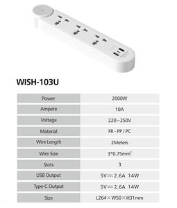 New 2026 WISH Style Power Strip 3 Universal Outlets 10A 2000W Extension Cord with 2 <b>USB</b> & 1 <b>USB</b> <b>C</b> Charging Ports - Product Image 6