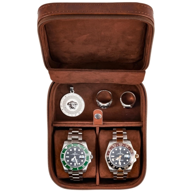 Brown 2 Slot Luxury Travel PU Leather Watch Case with Rings Customized Jewelry Storage Box