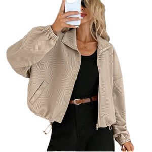 Veste de moto ample pour femme, col montant, fermeture éclair, ourlet à cordon, poche, respirante, unie, écologique, double boutonnage pour l'automne - Product Image 1