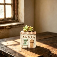 Pot à succulentes en céramique en forme de maison mignonne avec toit bleu et détails de fenêtre et de porte pour la présentation de plantes d'intérieur, décoration de la maison, article cadeau