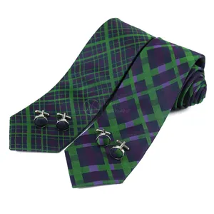 Cravates d'affaires en soie à carreaux pour costume pour hommes Cravate Mackays personnalisée en tartan pour hommes avec ensemble de boutons de manchette