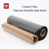 24mm 110mm*74m Pita Barcode Thermal Transfer Wax Resin Hitam Kompatibel untuk Printer Label Zebra Datamax Eltron PET