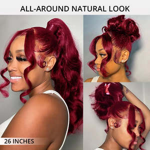 Perruque frontale 360 en dentelle pré-coupée sans colle Invisi-Band, couleur bordeaux 99J, cheveux humains ondulés - Product Image 3