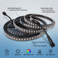 Bande lumineuse à pixels adressables WS2815 RGB DC12V 144 LED par mètre, double signal, étanche IP67, avec fonction de reprise après coupure