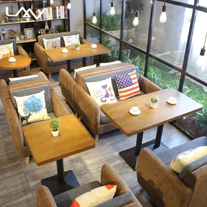 Moderno café 2 asientos ocio sofá muebles hotel restaurante Bistro marco de madera tela mesa de comedor y sofá silla conjunto