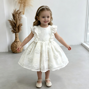 Abito da Battesimo in Pizzo <span class=keywords><strong>Bianco</strong></span> Stile Europeo, Vestito da Sera per Bambina con Fiori, Abito da Compleanno per <span class=keywords><strong>Bimba</strong></span> di Due Anni - Product Image 1