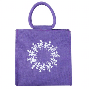 High Quality Purple <b>Canvas</b> Tote Bag with White Botanical Print <b>Round</b> Handle Minimalist Style All Seasons Shopping Bag For Sale - Product Image 1