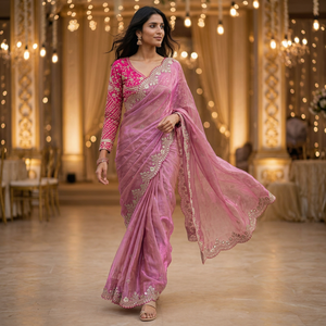 Sari indio de satén suave con bordado de lentejuelas, diseño exclusivo de Bollywood, ropa étnica, sari para bodas y fiestas para mujeres en EE. UU. - Product Image 1