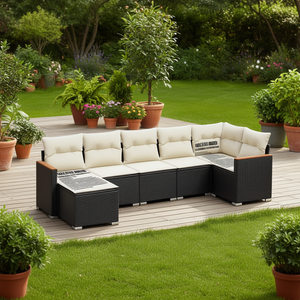 Ensemble de canapés de jardin en rotin noir avec pieds réglables, 6 places, mobilier d'extérieur au design contemporain - Product Image 2