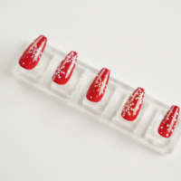 Uñas Postizas Rojas con Copos de Nieve Navideños, Uñas Postizas Cortas en Forma de Ataúd, Puntas de Uñas Reutilizables para Decoración Navideña