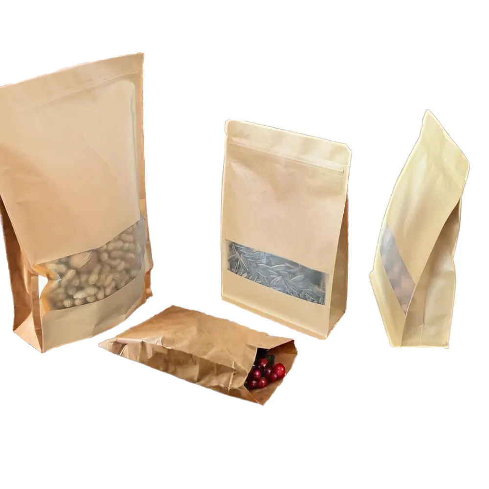 Ziplock Stand-Up Pouch Embalaje de papel Kraft biodegradable con ventana Materiales reciclados Impresión de huecograbado Alimentos Uso industrial