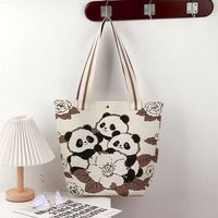 Tas Tote Rajutan Panda Jacquard Tas Bahu Tenun Motif Hewan Lucu Kapasitas Besar Ringan untuk Perjalanan Sehari-hari Sekolah