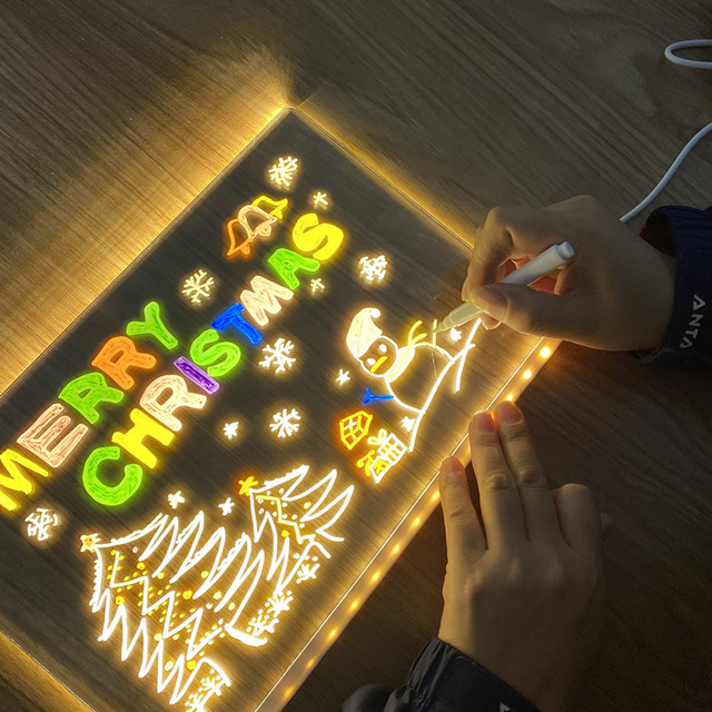LED Message Board with 7 Colors Pen Stand Luminous Acrylic Message Board Dry Erase Board Note Pad for Desk Notes
