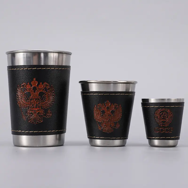 30cm Stainless Steel Wine Glasses, stainless steel Shot Cups Drinking Vessel with Black Leather Carrying PU Leather Case