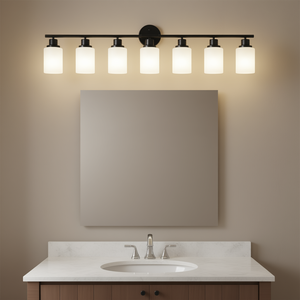 Modern 8-Light Bathroom Vanity Light Frosted White Glass <b>Black</b> Iron <b>Frame</b> Wall Mount LED Warm White 3500K IP44 - Product Image 2