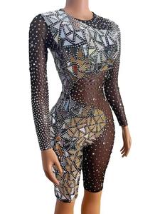 Combinaison scintillante noire en maille avec strass argentés pour femme – Idéale pour la danse, les soirées, les anniversaires, les spectacles et les séances <span class=keywords><strong>photo</strong></span> - Product Image 5