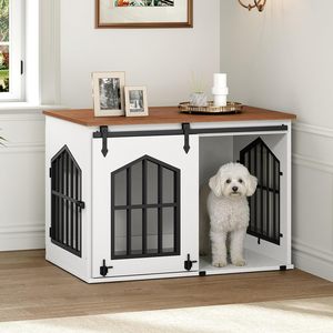 İç Mekan Evcil Hayvan Kafesi Köpek Kafesi Mobilyası, İtmeli Çekmeli Ahır Kapılı Ahşap Köpek Kafesi Dekoratif Evcil Hayvan Evi Küçük ve Orta Boy Köpekler İçin - Product Image 1