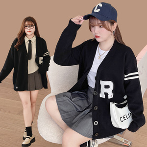 Cardigan en tricot style preppy pour femme Runqi, noir, coupe ample, coton, couleur unie, grande taille N8179 - Product Image 4