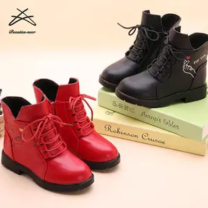 Botas para niños de tacón plano con cordones, botines cálidos y cómodos, informales, de cuero PU, color negro, color rosa, venta al por mayor