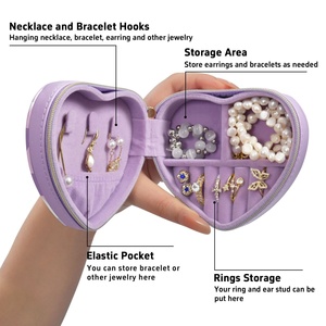 Custom Logo Hawaii Flower Checked Portable PU Leather Travel Accessory <b>Small</b> <b>Storage</b> Organizer Purple Heart-shape Jewelry <b>Box</b> - Product Image 4